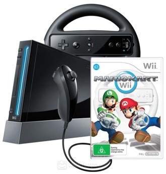 Nintendo Wii + игра MarioKart + насадка-руль + 2 игры на выбор